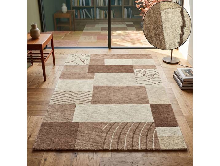 THEKO Domas 4028, handgeknüpft rechteckig 12 mm Höhe Kurzflor, reine Wolle, modernes Patchwork Design, Wohnzimmer