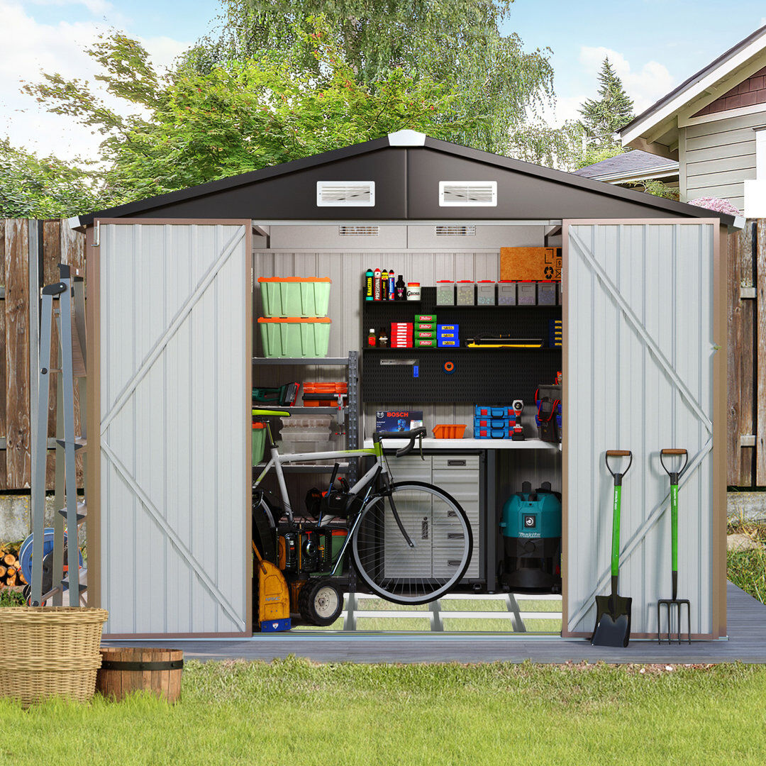 JolyDale 8 Ft. W X 6 Ft. D Metal Storage Shed With Metal Base Frame Kit Grey 258.1cm W X 161cm D X 196.1cm H