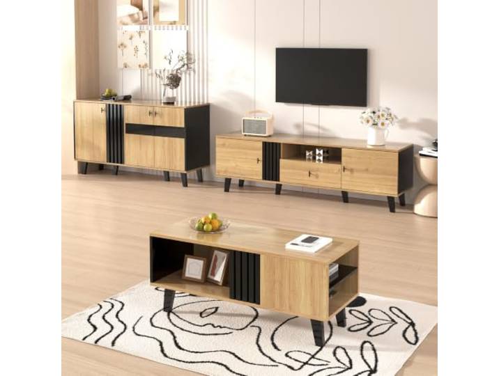 Merax Wohnzimmermöbel Set 3-teilig – Couchtisch, TV-Schrank & Sideboard – LED, Holzfarbe/Schwarz