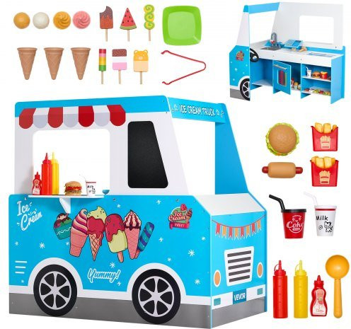 VEVOR houten ijscowagen voor kinderen met 20 accessoires, blauw