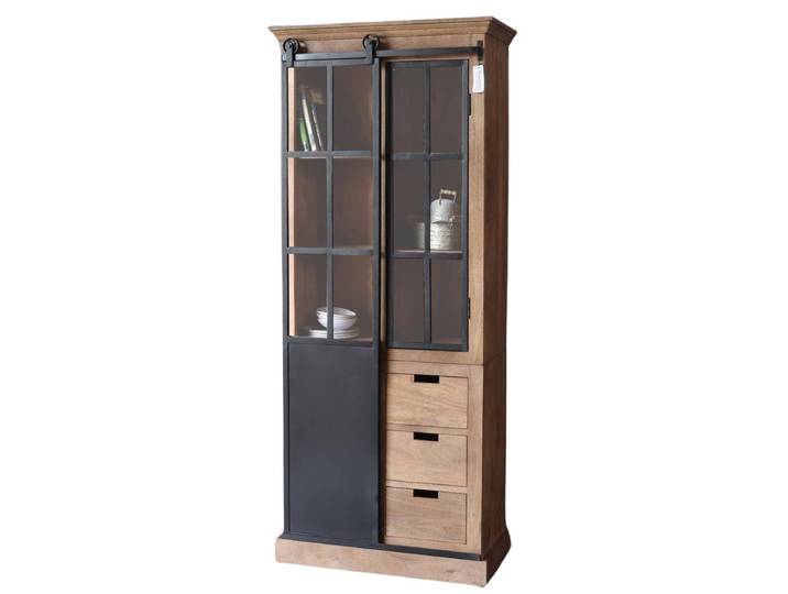 Vitrine Massivholz STUPORE Vitrinenschrank Mangoholz & Eisen Industrial