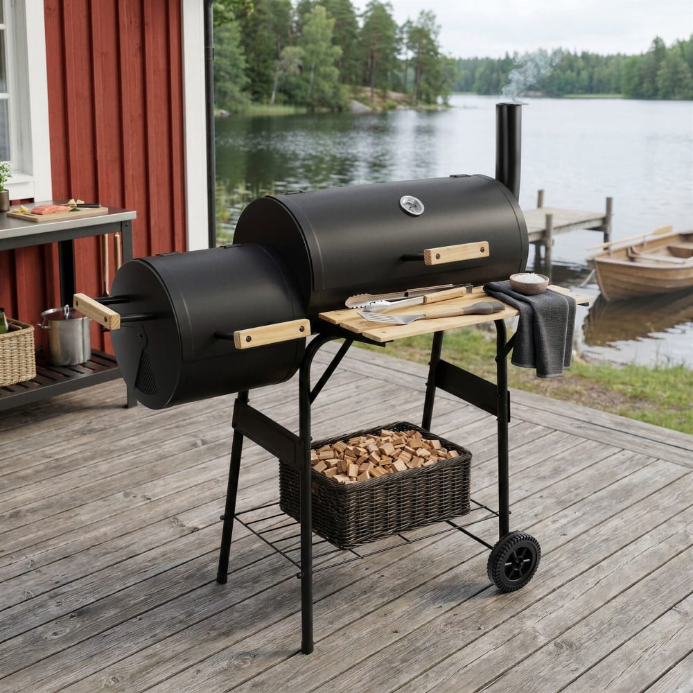 Tectake Barbecue au charbon, 2 en 1, 2 compartiments, compact, portable, noir Noir 110x116x60cm