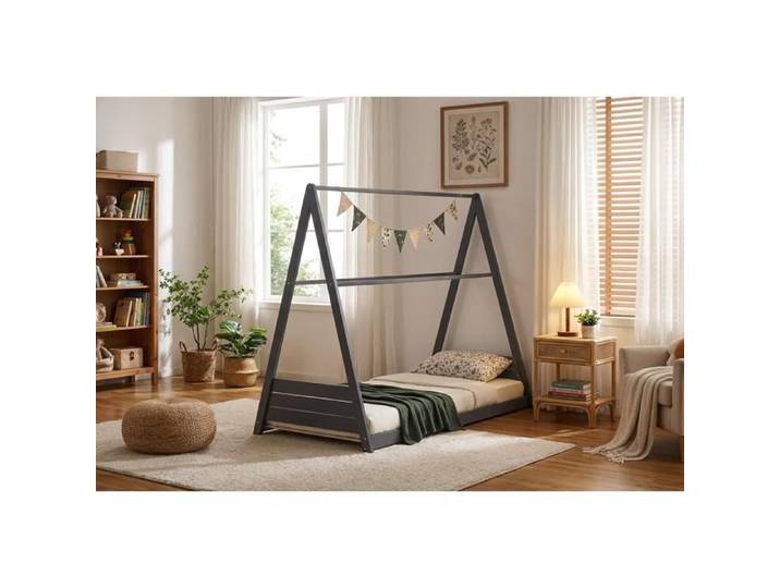 Lit cabane Montessori enfant 90x190 cm pin massif sommier inclus TIPI – Gris