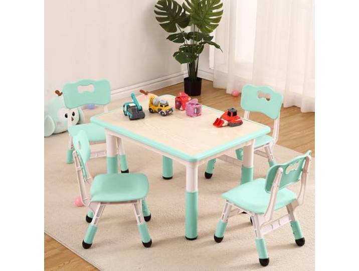 GarveeMore Höhenverstellbares Kinder Tisch- und Stuhlset (1 Tisch + 4 Stühle) – Graffiti-Malplatte, rutschfeste Beine, Lern-, Spiel- & Basteltisch für Zuhause/Kita, 2–10 Jahre, See Blau