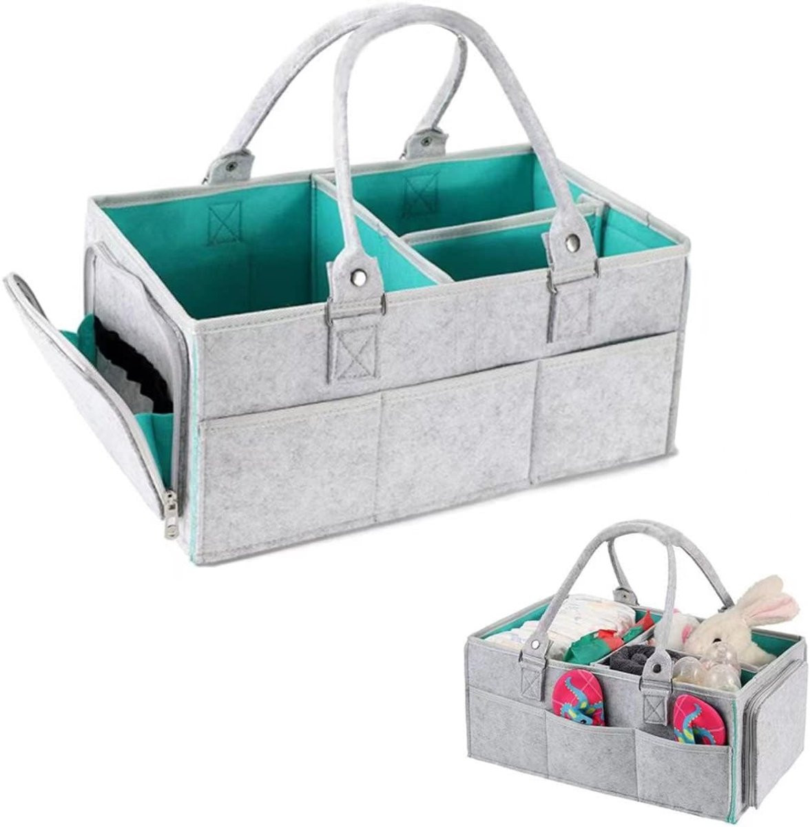 Opvouwbare vilten organizer met meerdere flexibele vakken voor babyverzorging en wipes