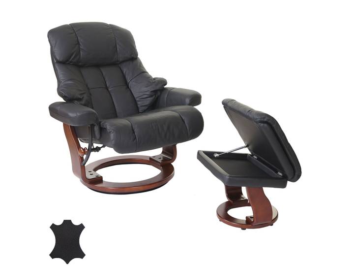 MCA Relaxsessel Calgary XXL, TV-Sessel Hocker, Echtleder 180kg belastbar Schwarz, Walnuss-Optik
