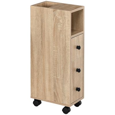 kleankin Badezimmerschrank freistehend 2 offene Fächer 1 Tür 1 Schublade 4 Rollen Eichenholzoptik