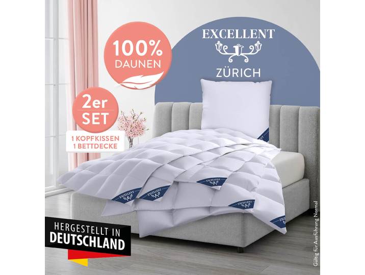 Daunenbettdecke + 3-Kammer-Kopfkissen EXCELLENT Bettdecken-Set Zürich, Bettdecke 135x200 & 155x220 cm , weiss (weiß), B/L: 155cm x 220cm Anzahl Teile 1, B/L: 80cm x 80cm Anzahl Teile 1, Bezug: Baumwolle Füllung: Entendaune/-feder, warm, Bettdecken Bezug: 100% Baumwolle. Kopfkissen Bezug: 100% Baumwolle. Bettdecken Füllung: 100% Daunen. Füllung Aussenkammer: 90% Daunen, 10% Federn. Füllung Innenkammer: 100% Federn, Bettwaren-Sets, Daunenbettdecke + 3-Kammer-Kopfkissen, Bettdecke 100% Daunen für Winter, Sommer, Kissen mit 90% Daunen