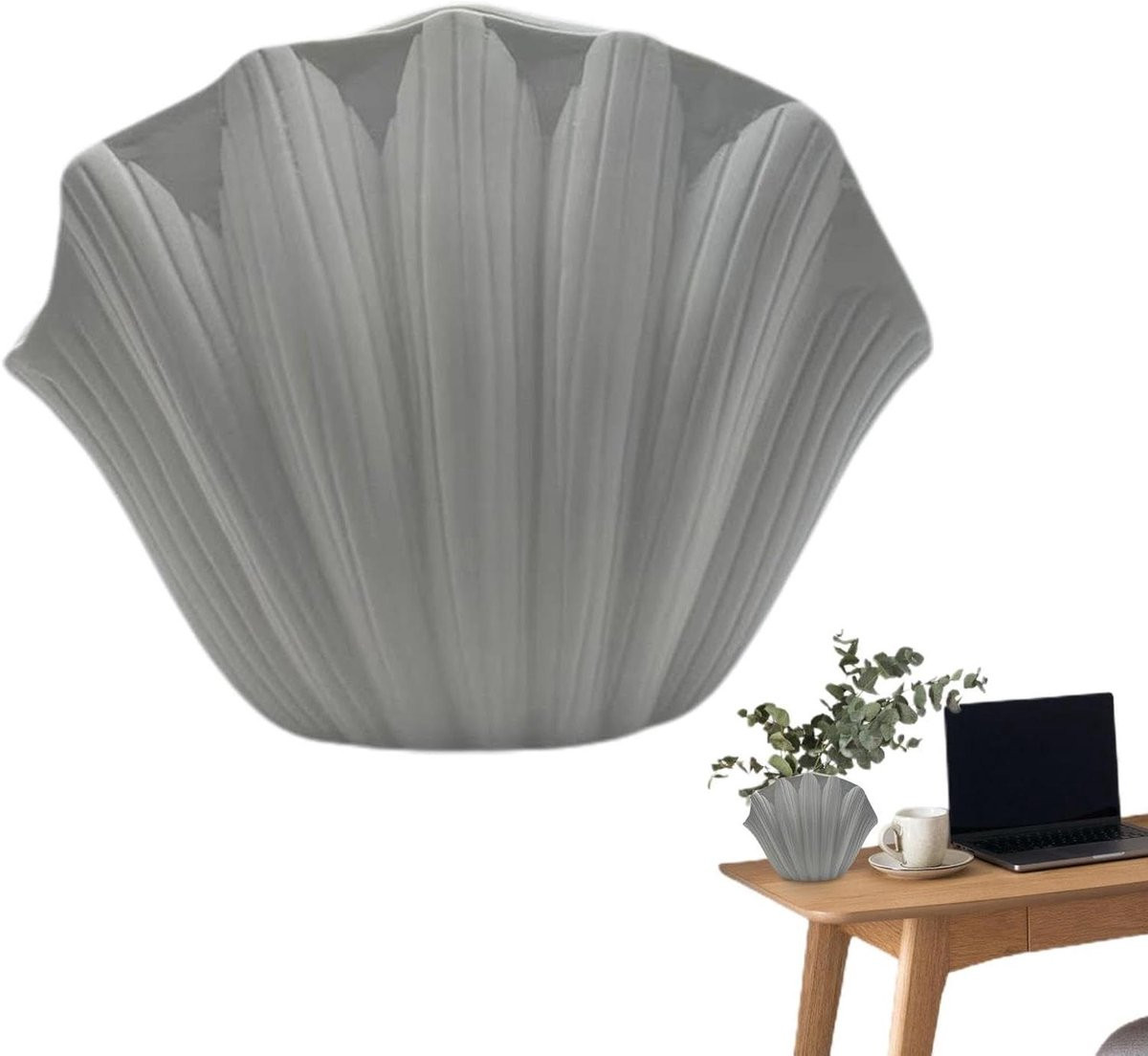 Wit Gestreepte Keramiek Schelp Vaas voor Interieur Decoratie - Hoogte: 20 cm