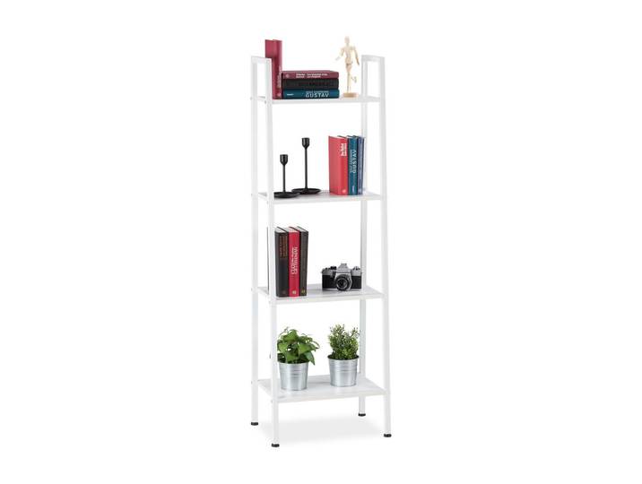 Relaxdays Standregal Weiß Leiterregal 4 Ablagen, Metall, 44x136x31.5 cm, Wohnzimmer, Regale, Bücherregale