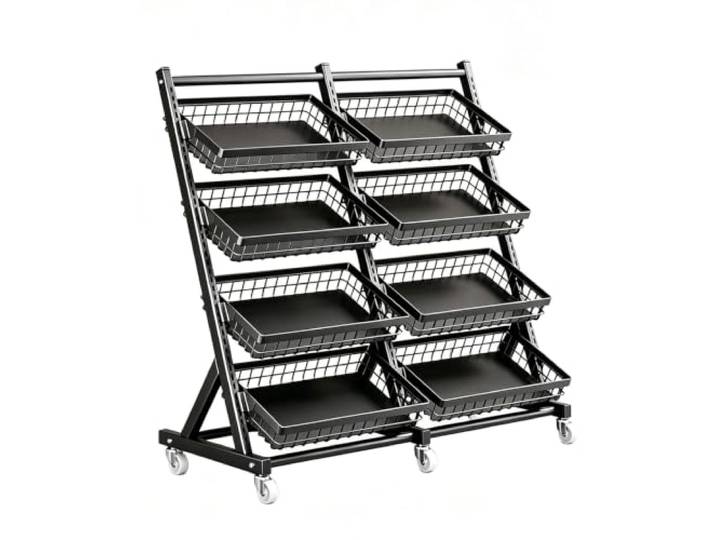 3/4/5Tier Supermarkt Snack Regal Anzeige Stand,Einzelhandels-Display Regale Freistehendes schwarzes schräges großes Metall-Snackregal auf Rollen,für Arbeitsplatten,Küche Laden(8 baskets)