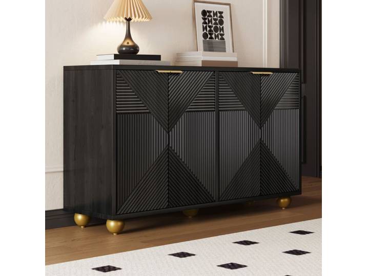 Buffet Vintage 4 Portes Motif Bois Gravée - 120x35x71.5 cm - Rangement Étagères Réglables Noir
