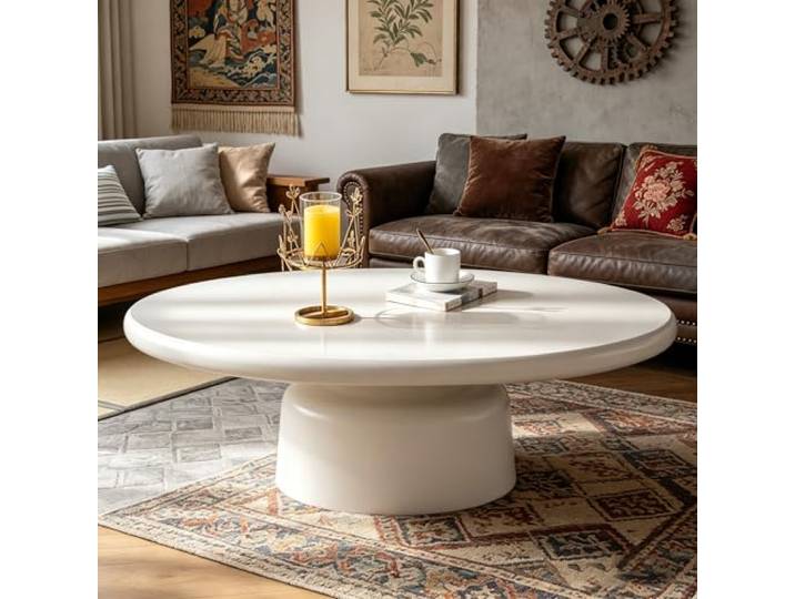 WUPDPQS 45 Zoll Ovaler Couchtisch, C 116CM Für Wohnzimmer, Weiß Spritzlackierung, Trommelförmig Sockel, Mid-Century-Modern Kaffetisch, Für Zuhause Büro