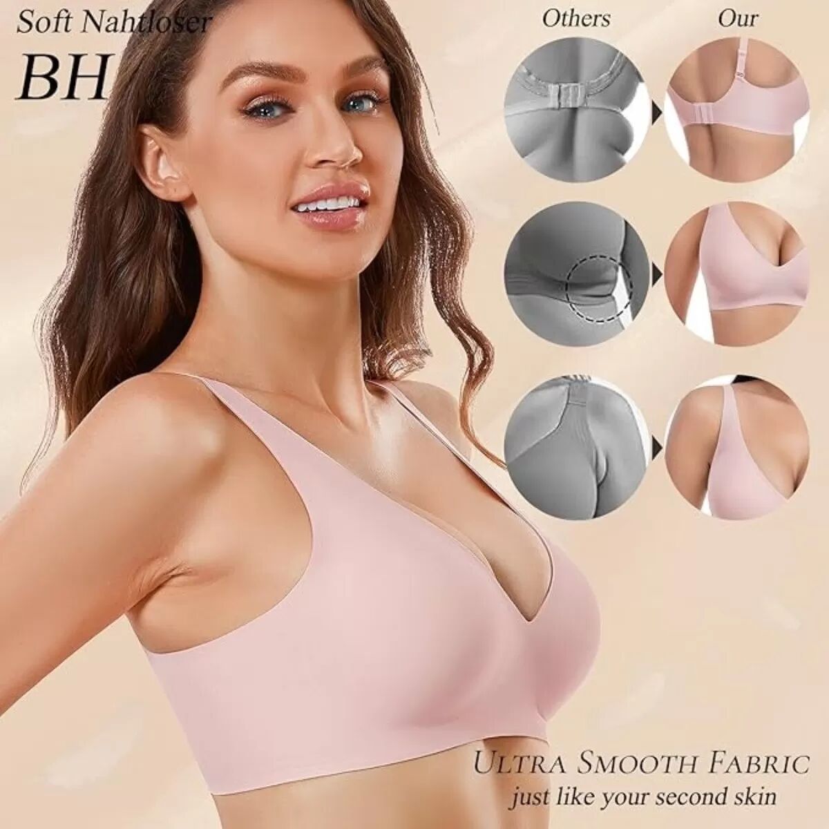 INF Nahtloser kabelloser BH für Damen – Starker Halt & bequemes V-Ausschnitt-Design Rosa