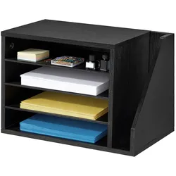 VEVOR Briefablage mit 4 Fächern & Herausnehmbaren Regalböden, Dokumentenablage aus Holz mit Stehsammler, Aktenhalter für Büro Klassenzimmer, Literaturorganizer für Akten Dokumenten Papier, Schwarz