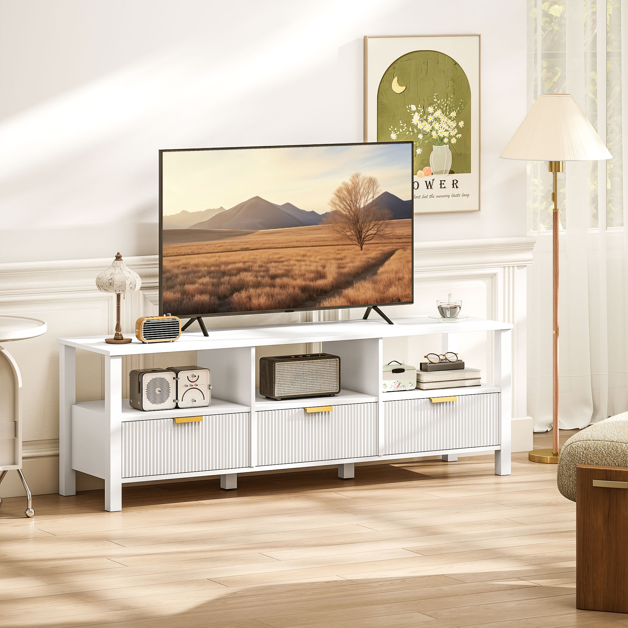 Homcom Mobile TV 152 cm, mobile per televisore 165,1 cm con 3 cassetti e 3 ripiani aperti, 152x39,5x50cm, bianco   Aosom Italy