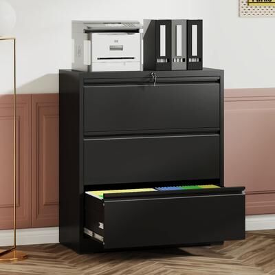 Ostweer Modern Filing Cabinet Lateral Filing Cabinet with 3 Drawers, Anti-Tilt Safety Device, Silent Slides and Locks, for Home Office