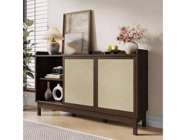 WOVREO Buffet bas 150 cm avec 2 portes coulissantes 2 tiroirs et étagères réglables naturel