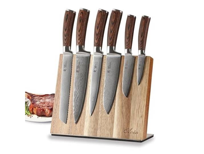 Wakoli EDIB 6-teiliges Damastmesser Set mit Block, Messerblock magnetisch Küchenmesser Set aus 67 Lagen Damaststahl mit VG10-Kern, Pakkaholzgriffe, Messerblock aus Akazienholz