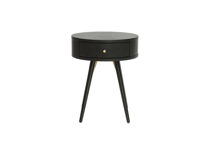 Runder Vintage-Nachttisch aus Holz, schwarzem Metall und goldfarbenen Details KORAL