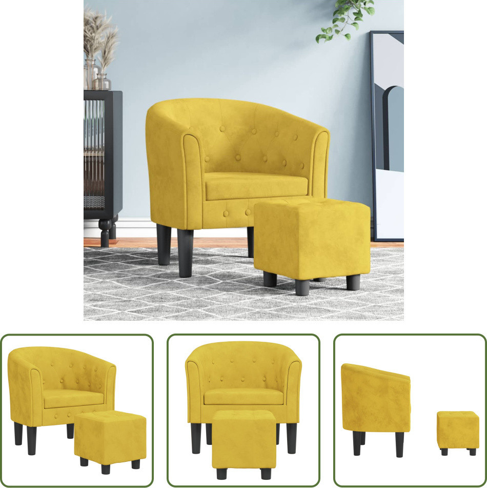 De Living Store moderne fauteuil met voetenbankje, geel fluweel