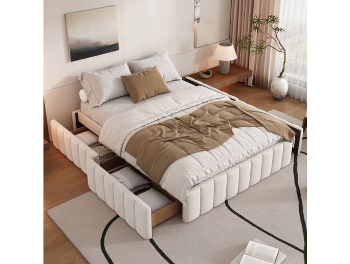 Lit double beige 140×200 cm en velours sommier inclus 4 tiroirs structure solide montage nécessaire