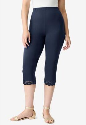 Plus Size Women's Lace Trim Essential Stretch Capri Legging by Roaman's in Navy (Size 6X) Activewear Workout Yoga Pants