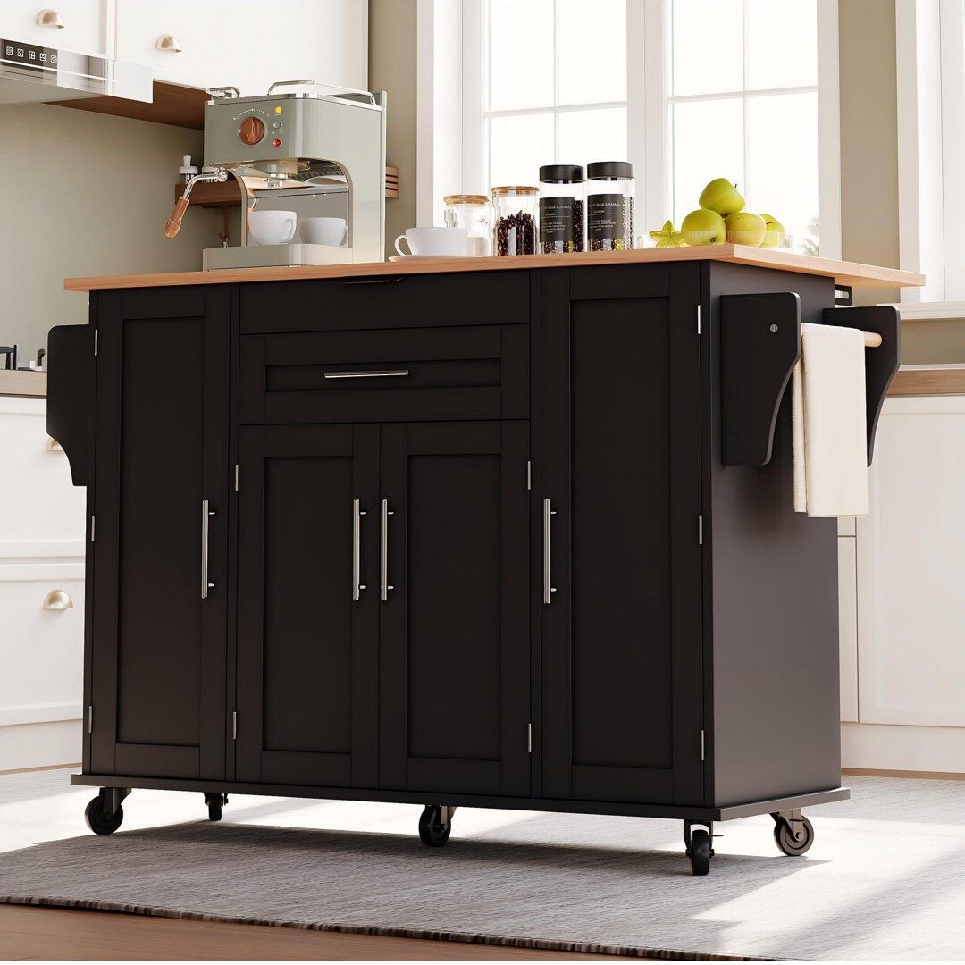 Ebern Designs 136 cm W Kitchen Island with Black/Natural 92cm H X 136cm W X 70cm D
