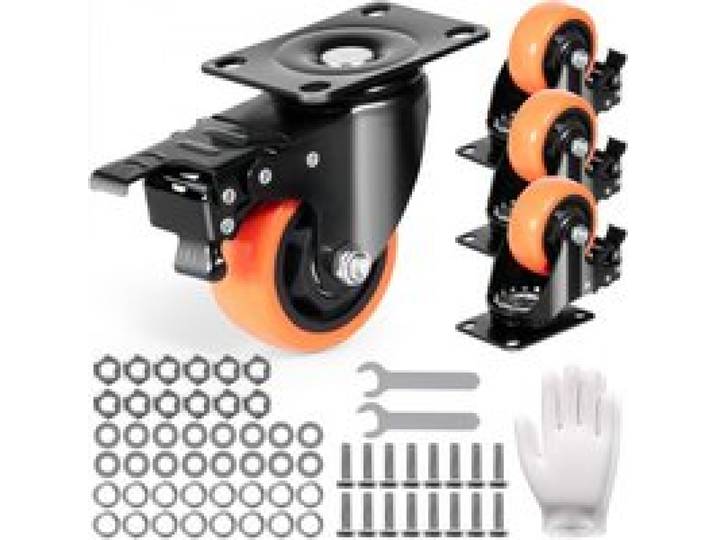 VEVOR Möbelrollen 4er-Set Lenkrollen PVC φ76,2mm Laufrollen 454kg Tragfähigkeit Transportrollen mit A/B-Bremsen Kastenrollen 360° Drehbar Schwerlastrollen für Häusern Büros Studios Fabriken