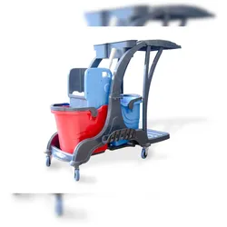Hypafol Putzwagen Reinigungswagen | 2x25l Eimer | Doppelfahrwagen inkl. Moppresse, Utensilbehälter & Abfall-Eimer |für Gebäudereinigung, Büroreinigung