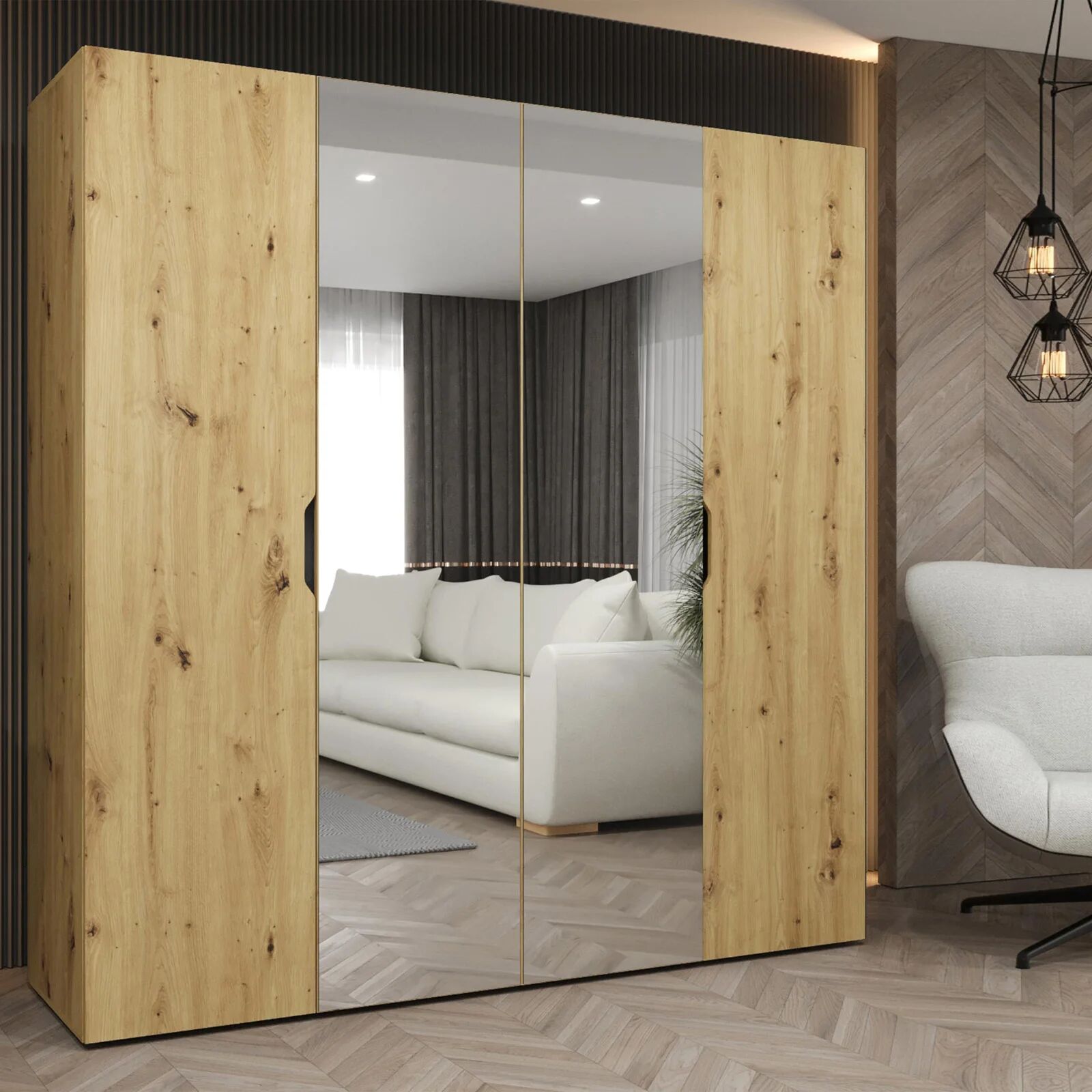 garneroarredamenti Armadio 200x202 cm 4 ante con specchio rovere Valencia