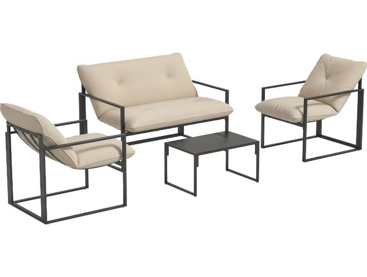 Outsunny Salon de jardin extérieur 4 pièces pour 4 personnes avec canapé 2 places\, 2 fauteuils et 1 table basse 3 coussins mobilier de jardin pour terrasse jardin - acier noir polyester beige