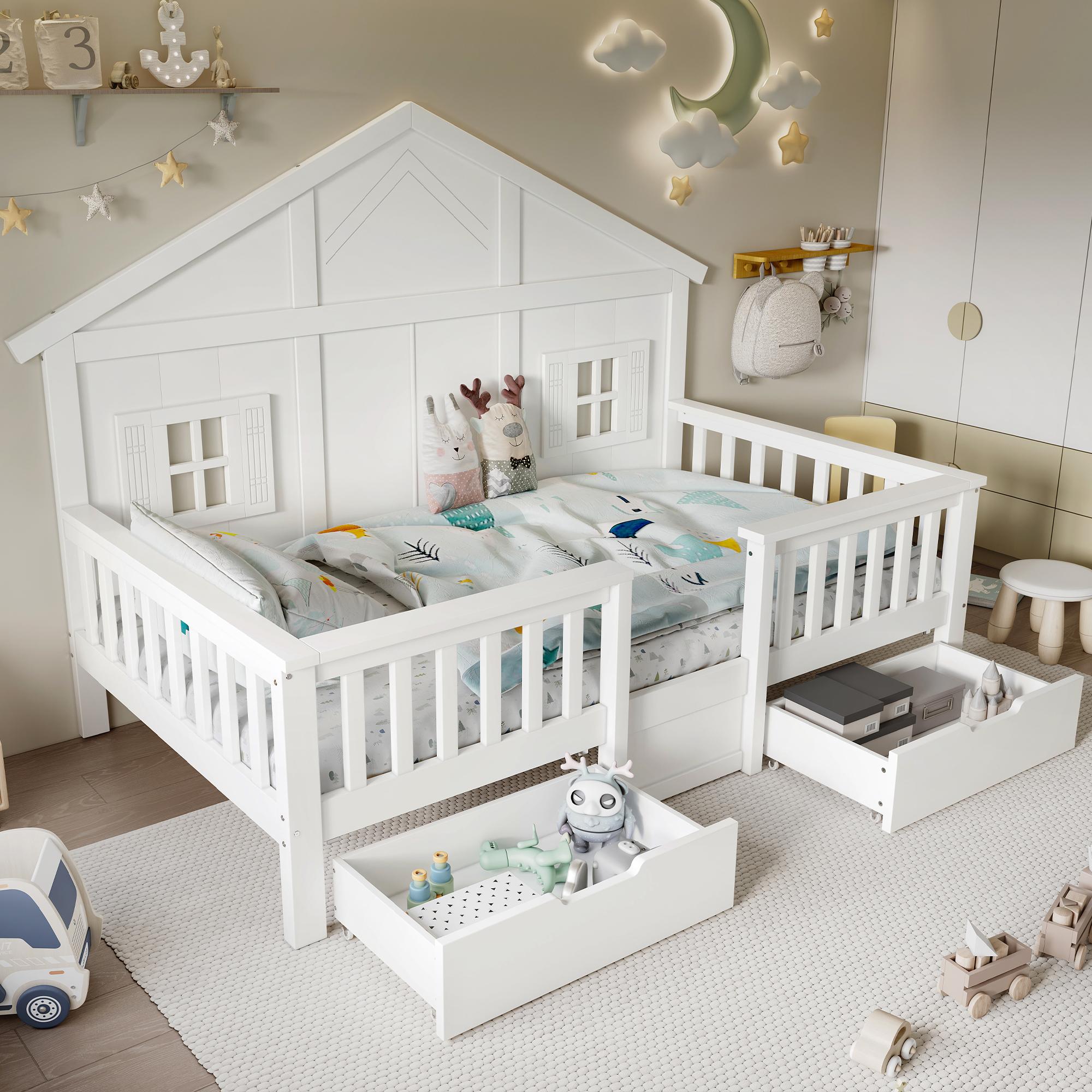 MODFU Kinderbett 90x200 Stauraum und zwei Schubladen auf Rollen Haus-Design Bettgestell mit Fenster,Mit Matratze,Weiß
