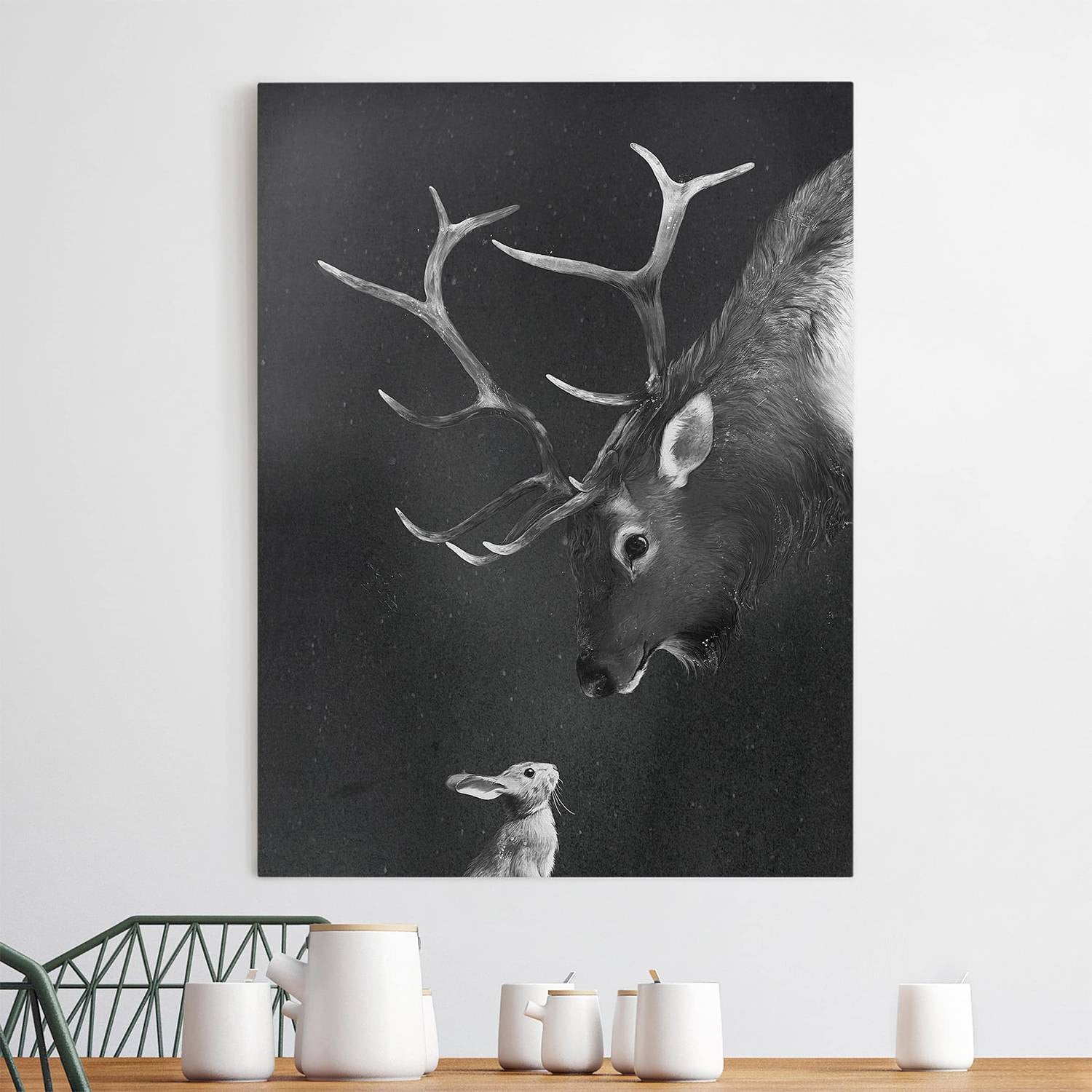 home24 Wanddecoratie Hert Illustratie, Wit/Zwart, 60 cm