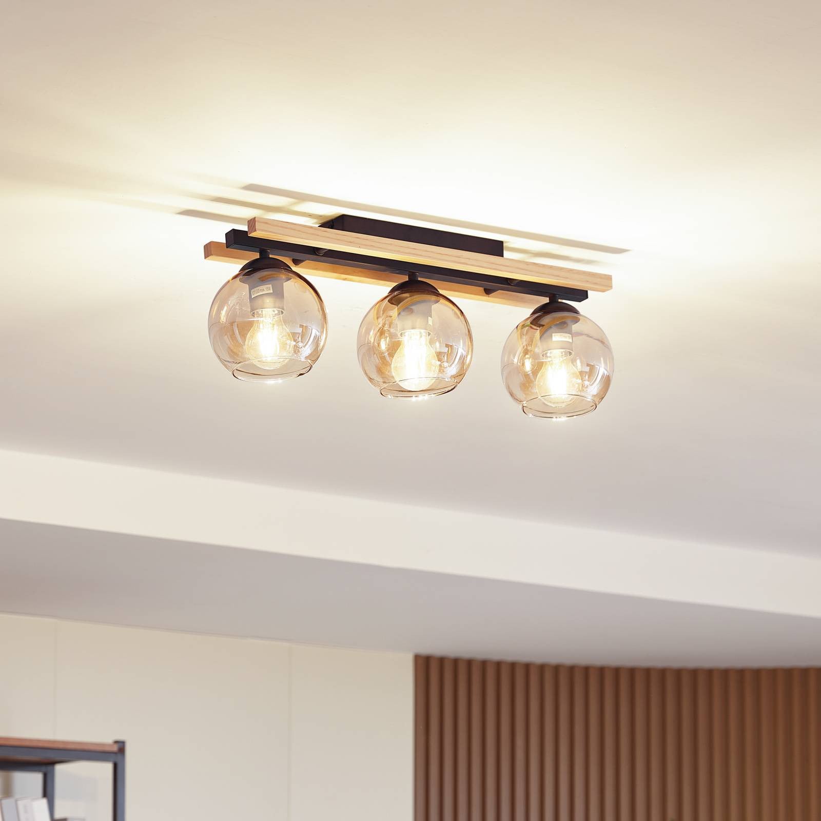 Lindby Plafondlamp Enrique, Modern, Zwart en Hout, Dimbaar