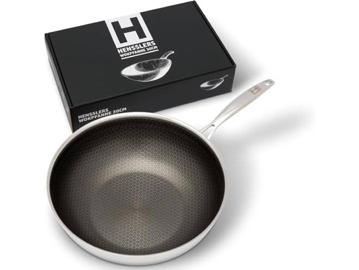 HENSSLERS® Edelstahl-Wokpfanne 30cm - Hochwertig für alle Herdarten inkl. Induktion - Kratzfest & Robust