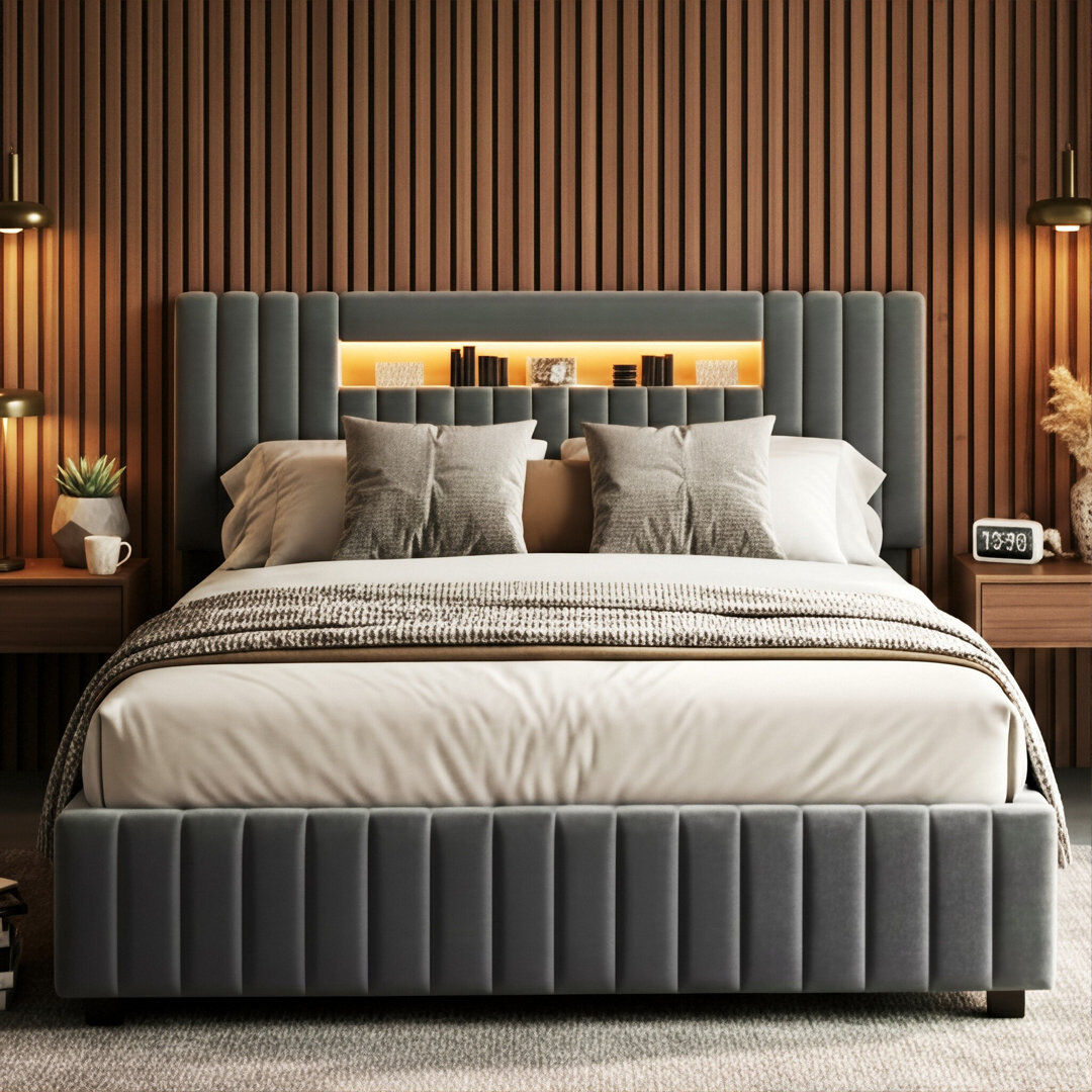 Ivy Bronx Velvet Ottoman Bed, Smart RGB LED Headboard With Vertical Tufting, European Double (140X200cm) & King (160X200cm) , Grey Grey European Kingsize (160 x 200 cm)