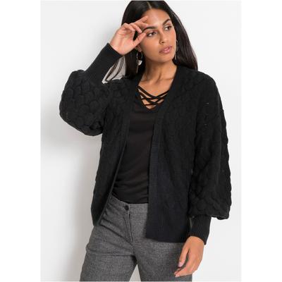 Ajourstrickjacke BONPRIX "Ajour-Strickjacke", Damen, Gr. 40/42 (M), schwarz, Obermaterial: 100% Polyacryl, oversize, Strickjacken Ajourstrickjacke, Oversize-Passform, Ajour-Muster, femininer Stil, aus Polyacryl