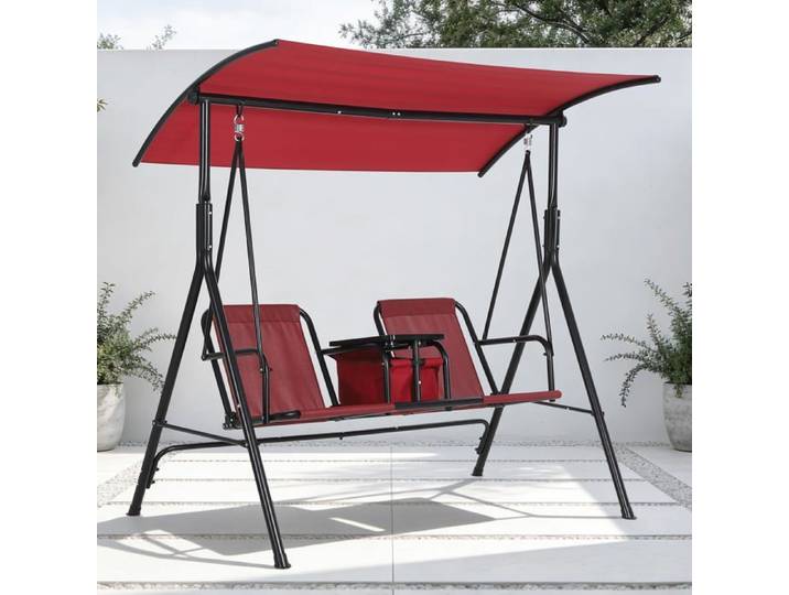 Balancelle porche 2 personnes porte-gobelets table pivotante pare-soleil réglable cadre acier noir jardin piscine rouge