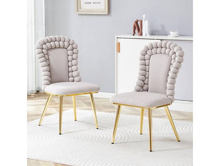 Lot de 2 Chaises de salle à manger en velours beige clair avec dossier à chaînes pieds Dorés
