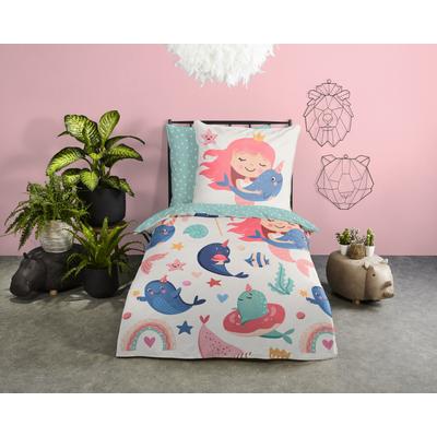 Kinderbettwäsche GOOD MORNING "Silvie", türkis, B/L: 135cm x 200cm, 1 Stk., 1 Stk., Renforcé, B/L: 80cm x 80cm, 2, Renforcé, Obermaterial: 100% Baumwolle, Bettwäsche, Baumwolle, Renforcé, Wendeoptik, Kind, Baby, Meerjungfrau