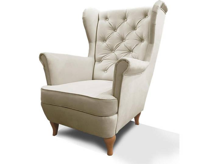 Beautysofa Chesterfield-Sessel Falco beige mit Holzbeinen, Beige, 82x102x92 cm, Wohnzimmer, Sessel, Chesterfield-Sessel