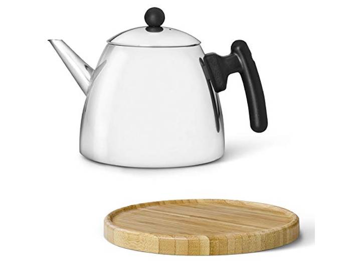 Bredemeijer Teekanne Set 1.2 Liter - Edelstahl doppelwandig glänzend - Kleiner klassischer Teebereiter ohne Filter - inkl. Holz-Untersetzer braun