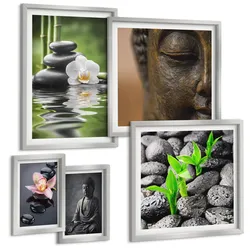 BILDER SET 5er Set - 50x50 cm & 20x30 cm & 40x60 cm Silberner Rahmen - Blumen in Vasen als Dekoration