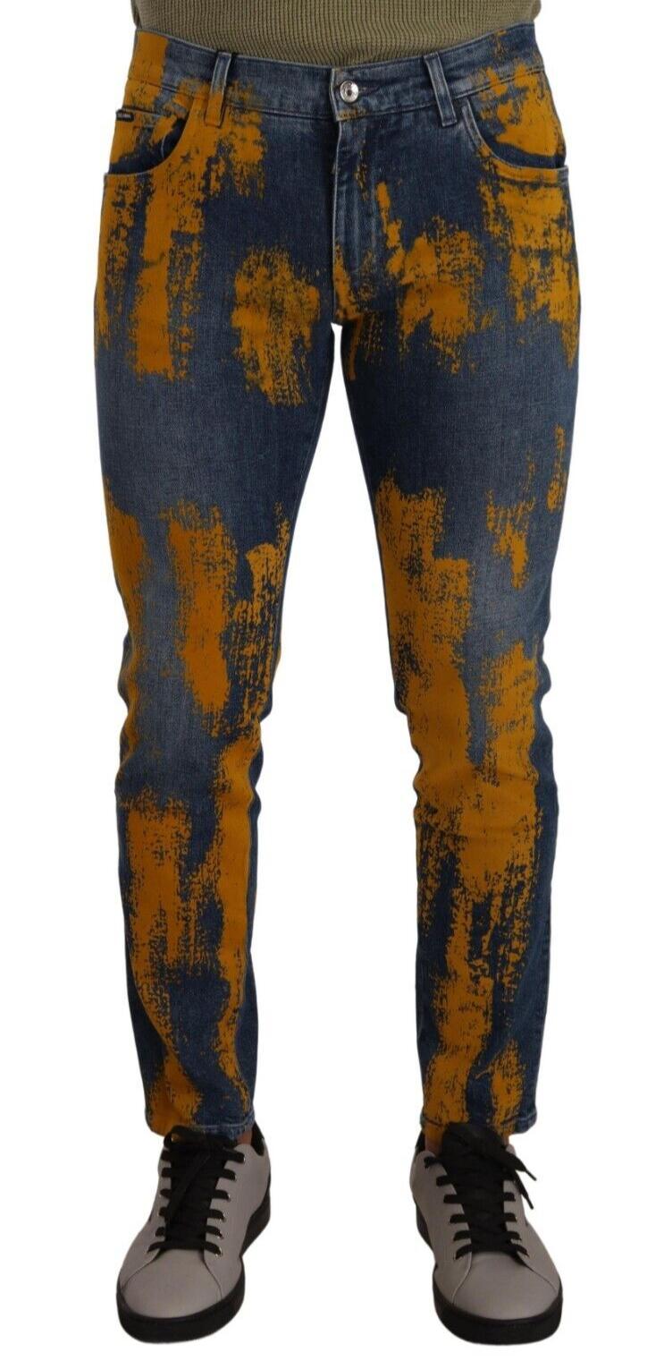 Dolce & Gabbana Blauwe Gele Verf Katoenen Skinny Heren Denim Jeans