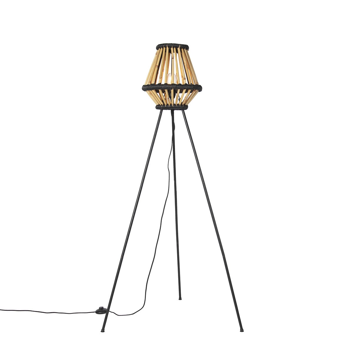 Qazqa Oosterse tripod vloerlamp bamboe en hout - zwart/bruin - Hoogte: 140 cm