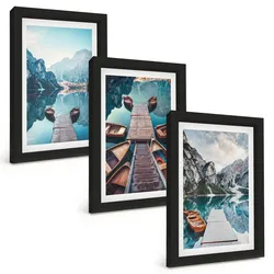 BILDER SET 3er Set - 20x30 cm Schwarzer Rahmen - Seebrücken, Boote, Frieden
