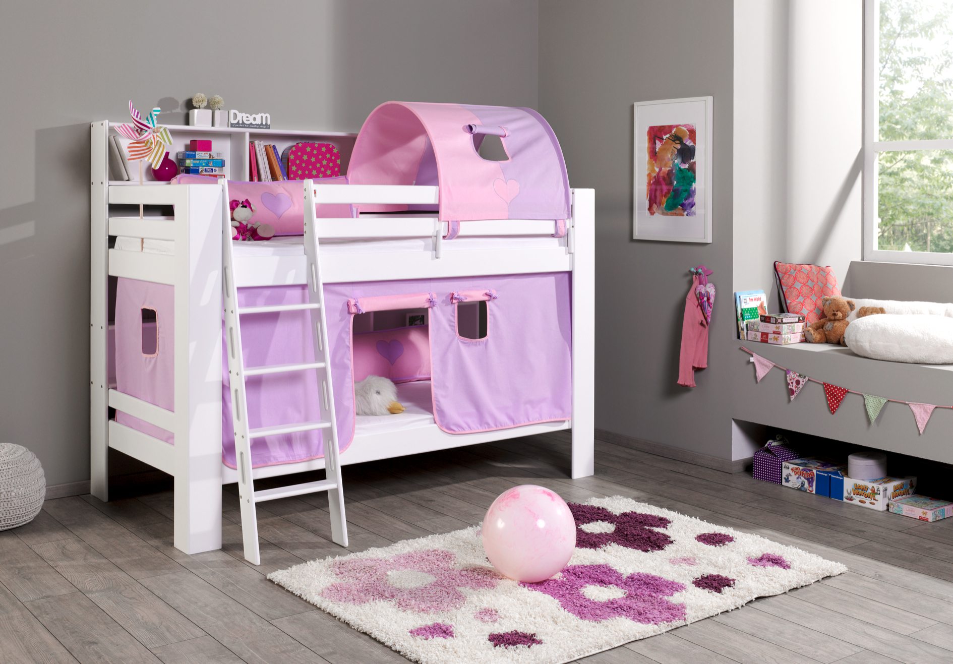 Relita Etagenbett Jan mit Bücherregal, Vorhang und 1-er Tunnel purple/rosa/herz