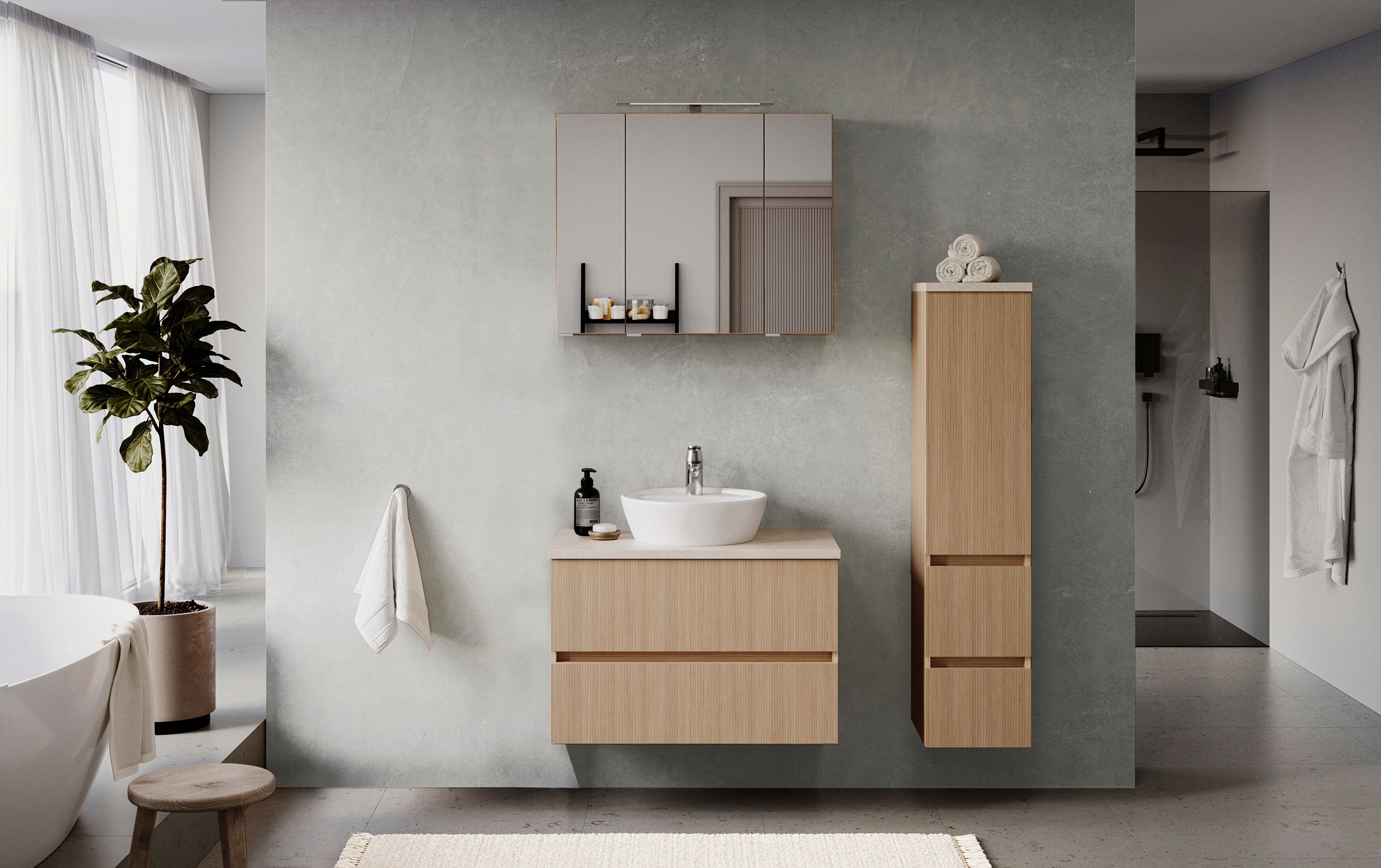 Waschtisch WELLTIME "EIXO, 2 Metall-Vollauszüge mit Softclose, Mineralguss-Auflagebecken", braun (eiche hell, eiche hell), B:80cm H:54cm T:47cm, Waschtische, Waschtisch eiche hell, eiche hell B/H/T: 80cm x 54cm x 47cm