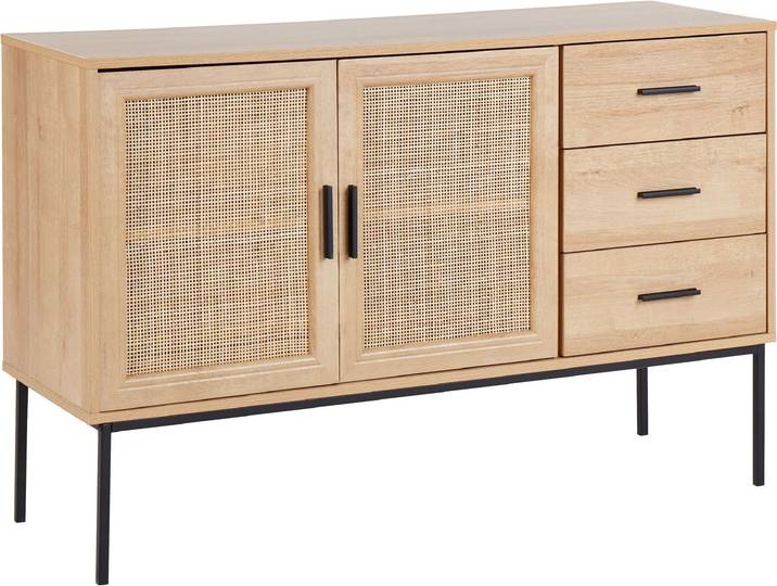 BELIANI Sideboard Heller Holzfarton Schwarze Metallbeine und Handgriffe 39 x 120 x 77 cm Boho Stil Drei Rattan Türen und 3 Schubladen Wohnzimmer